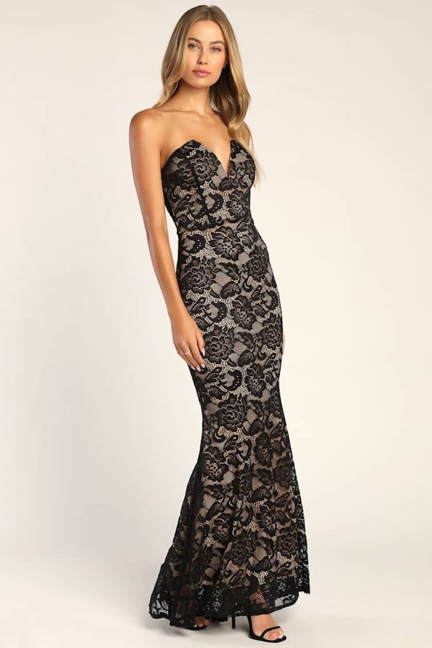 NWT Lulus Sexy Sophistication Black Lace Strapless Trumpet Maxi Dress Gala Sz XS